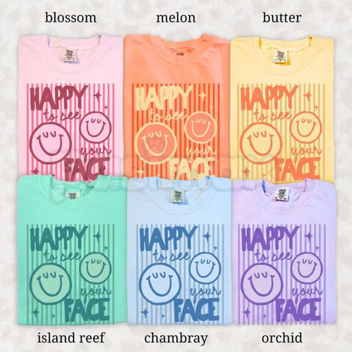 Comfort Colors® "Happy To See Your Face" Teacher T-Shirt – Retro Aesthetic Back to School Graphic Tee, Cute Retro Smiley Classroom Gift Top