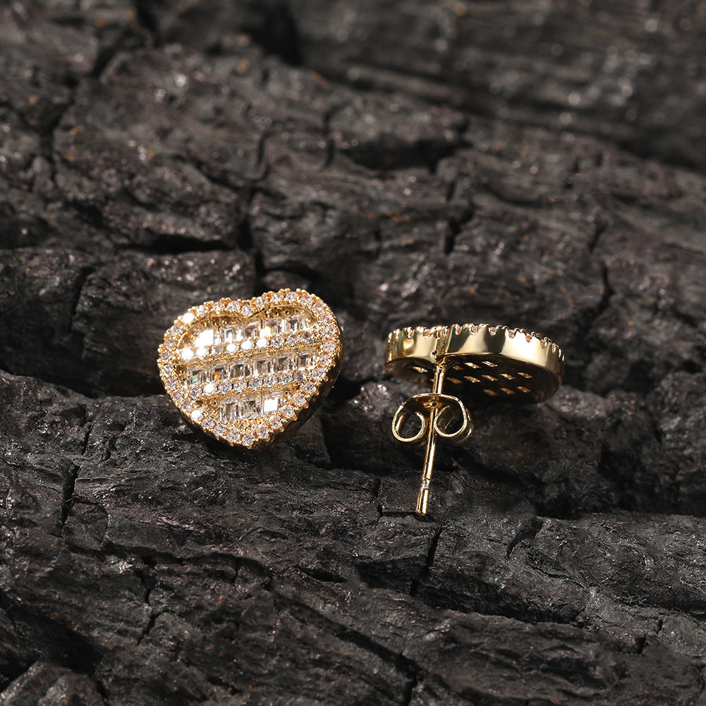 Hip-hop inlaid zircon heart-shaped earrings